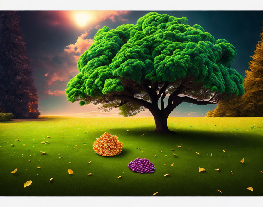 Vivid Green Canopy Tree in Fantasy Meadow with Colorful Leaves and Glowing Sunset