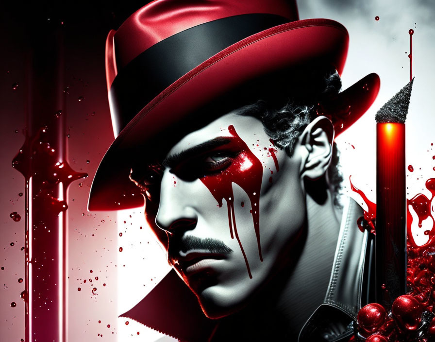 Stylized image of man with red hat and dramatic makeup on crimson backdrop