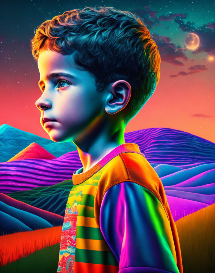 Young boy in striped shirt in surreal, colorful landscape with moonlit mountains