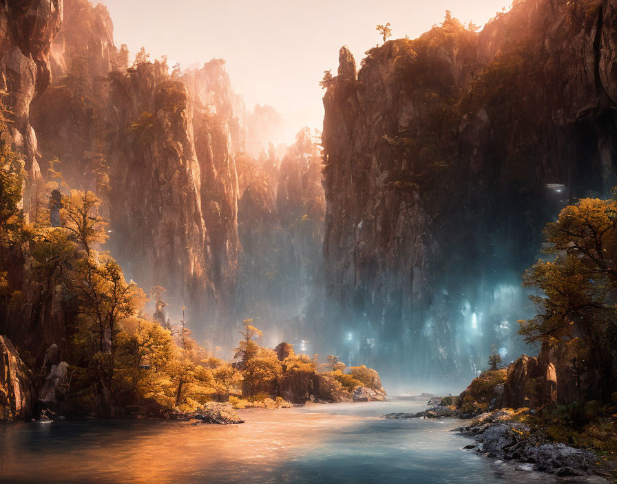 Misty canyon with tranquil river and towering cliffs