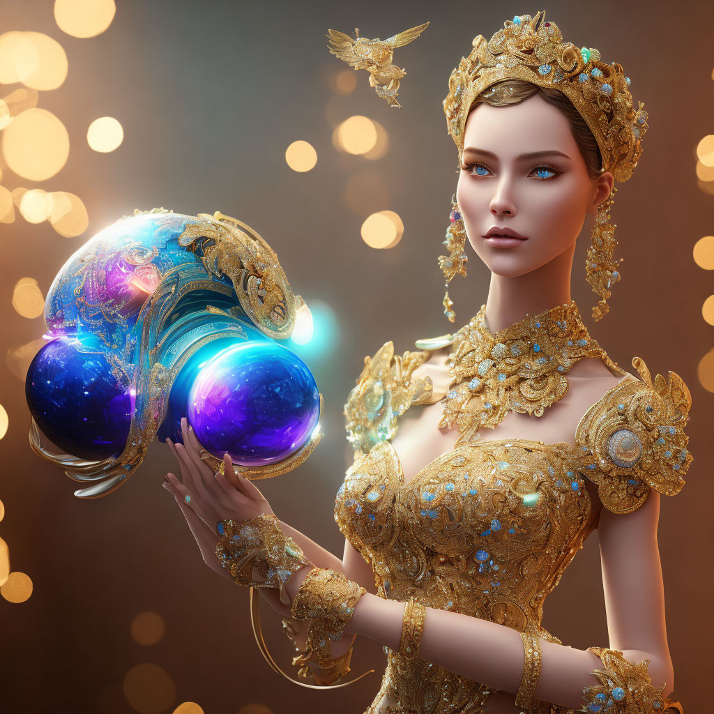 Regal woman in golden attire holding magical orb in warm lights