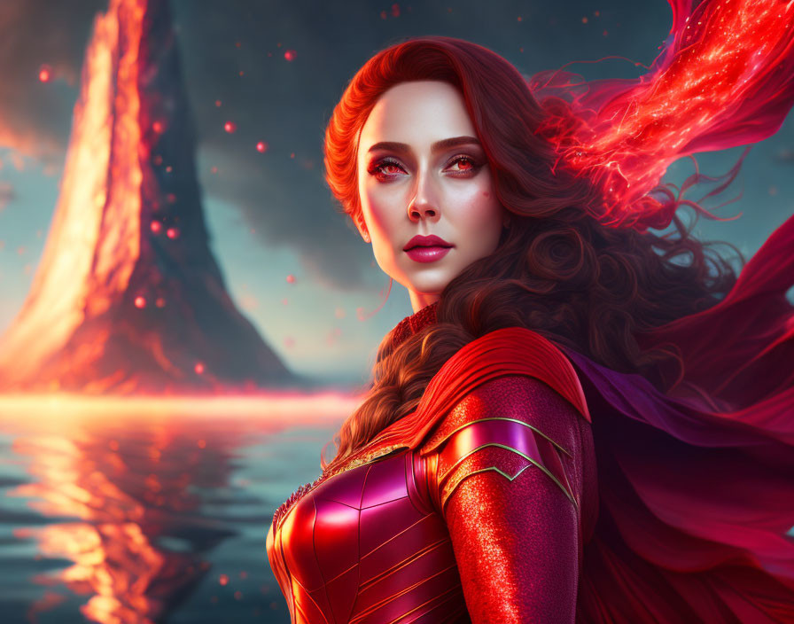 Digital artwork featuring woman with red hair and cape in futuristic suit, set against volcanic eruption and red sky