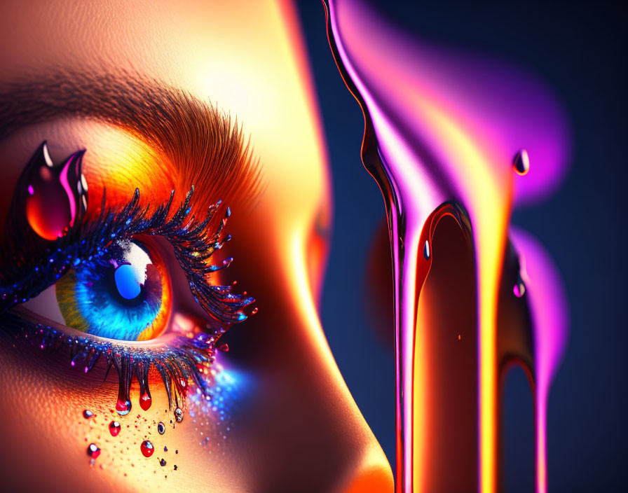 Close-up of vibrant stylized eye with blue iris and sparkling makeup, surrounded by colorful shapes