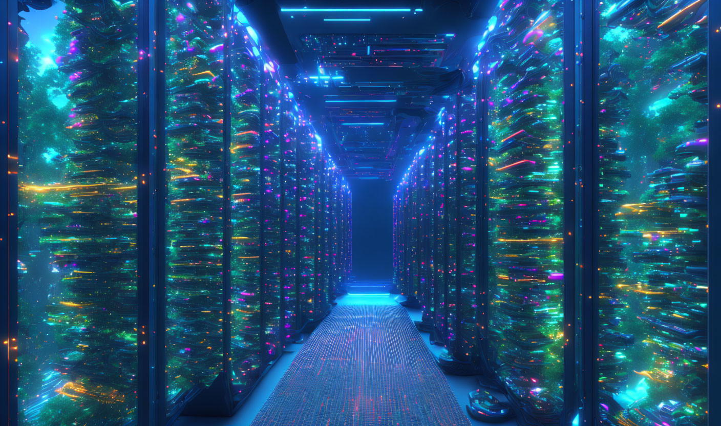 Neon-lit server room with futuristic blue glow