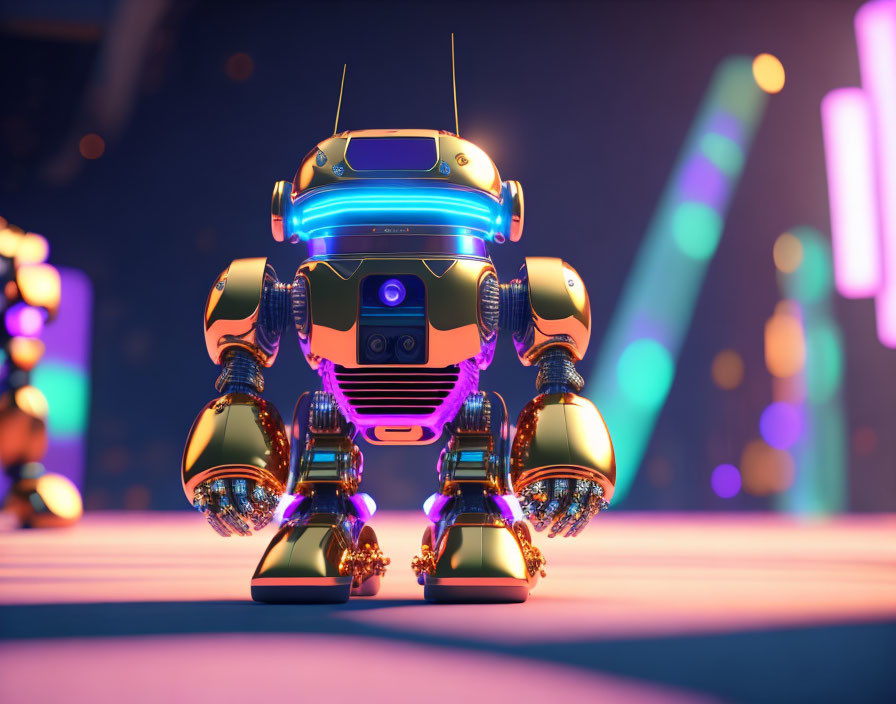 Blue and Gold Futuristic Robot on Neon Platform