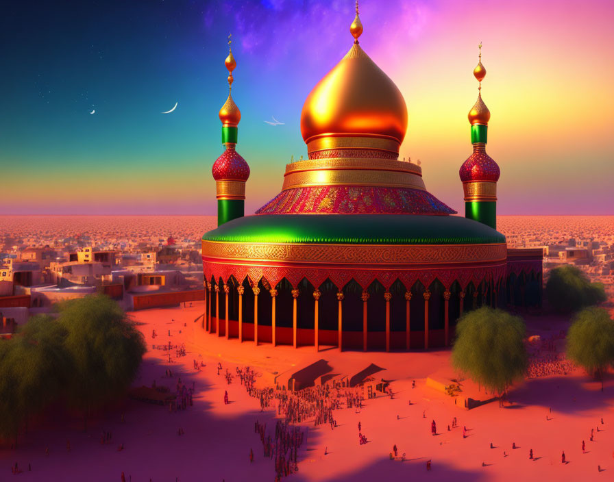 Ornate golden and green domes adorn mosque in desert cityscape