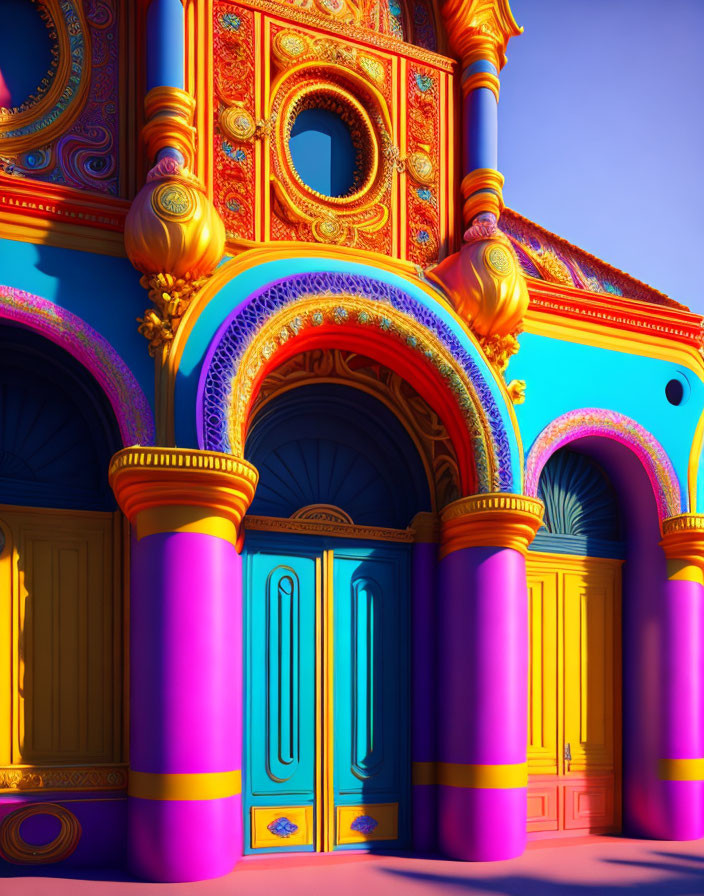 Colorful digital artwork of ornate classical building under clear sky