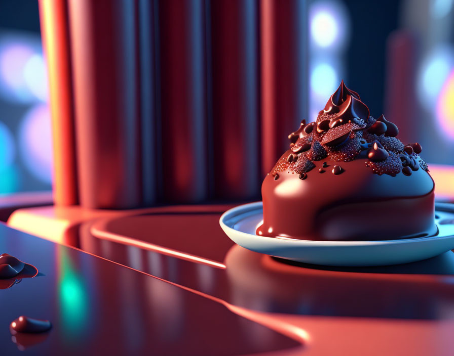 Chocolate dessert with sprinkles on white plate against colorful bokeh background