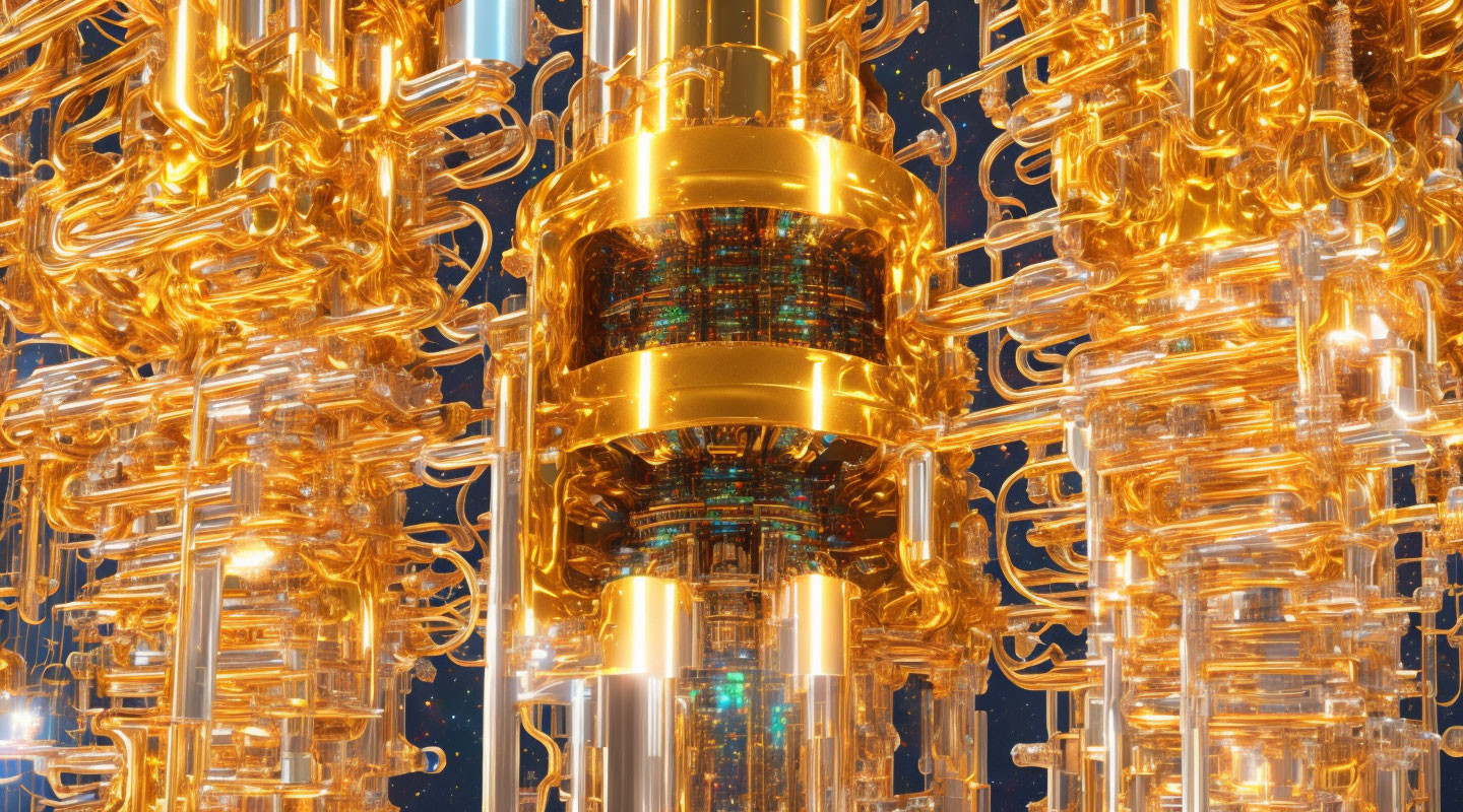 Intricate Golden Machinery on Blue Background