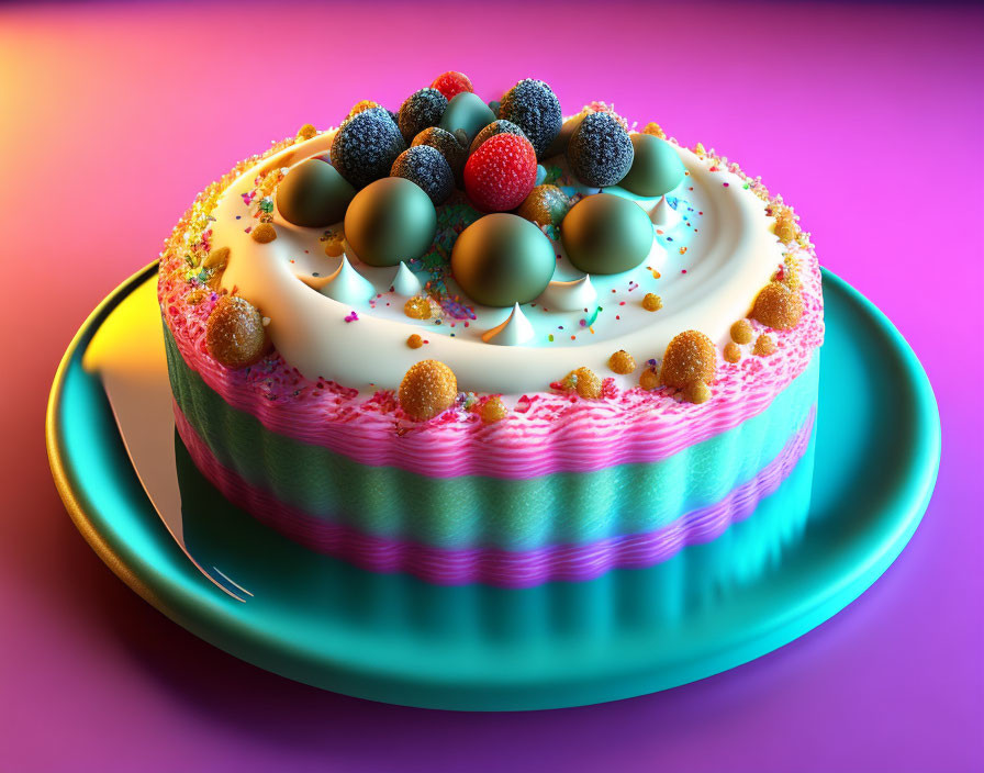 Colorful Cake with Pink and Teal Icing, Berries, and Spherical Decorations on