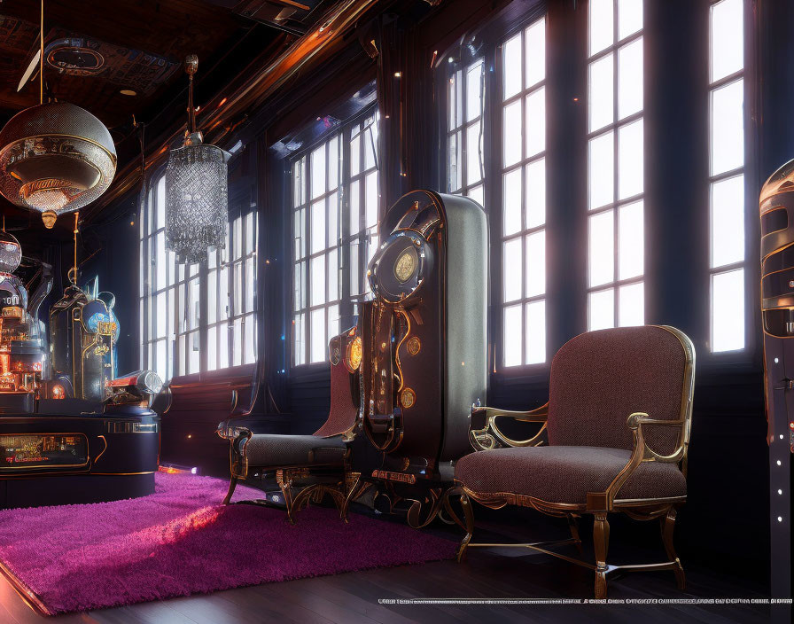 Opulent steampunk interior with ornate chairs, intricate machinery, chandeliers, large windows