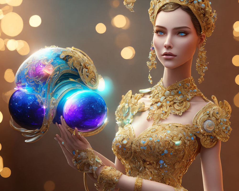 Regal woman in golden attire holding magical orb in warm lights