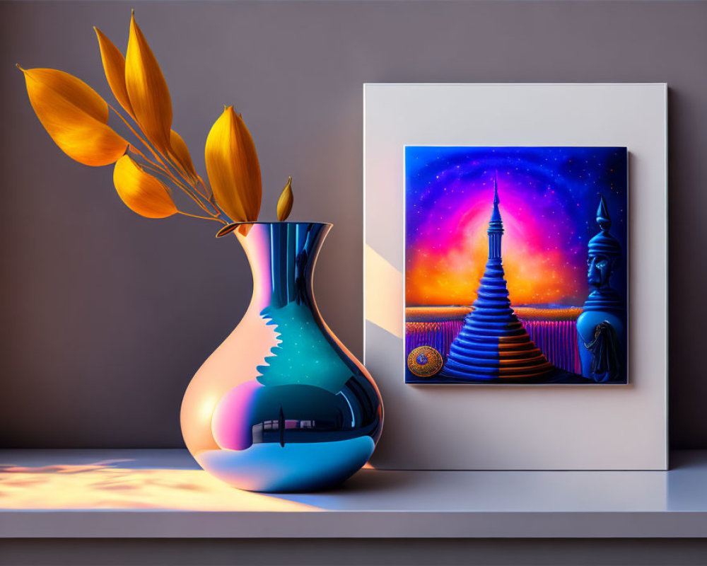 Sleek vase with orange leaves next to vibrant fantasy landscape painting