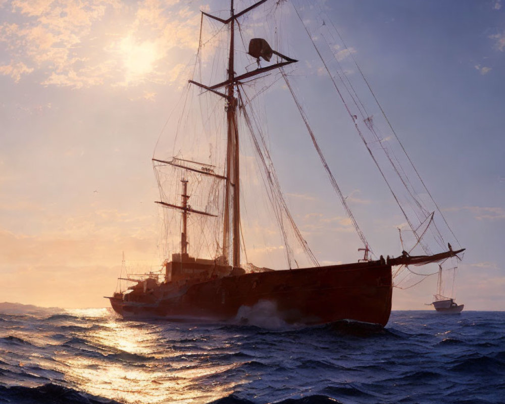 Sailing tall ship at sunset with masts and wavy seas