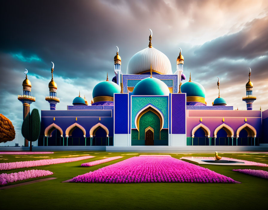 Colorful mosque with golden domes and minarets under dramatic sky