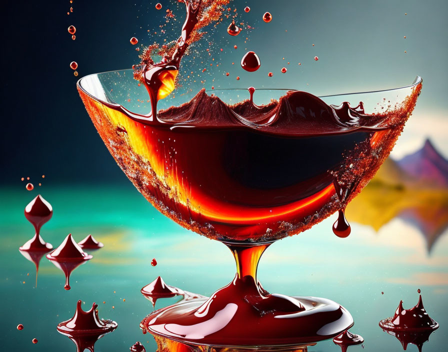 Vibrant red liquid splash in stemmed glass on colorful abstract background