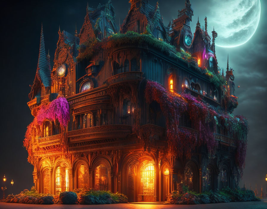 Gothic mansion with overgrown greenery and purple flowers at night