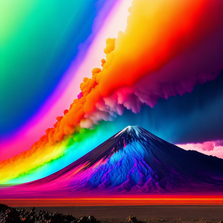 Colorful Volcano Eruption Against Vibrant Sky