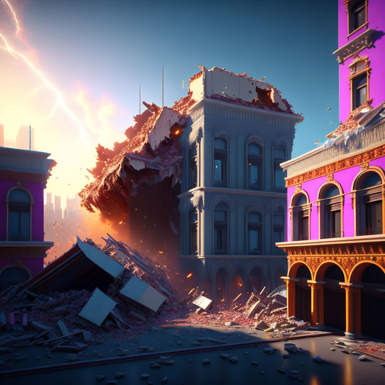 Surrealist urban scene with shattered building and cosmic backdrop at twilight