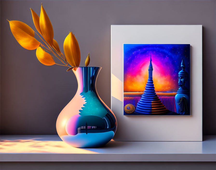 Sleek vase with orange leaves next to vibrant fantasy landscape painting