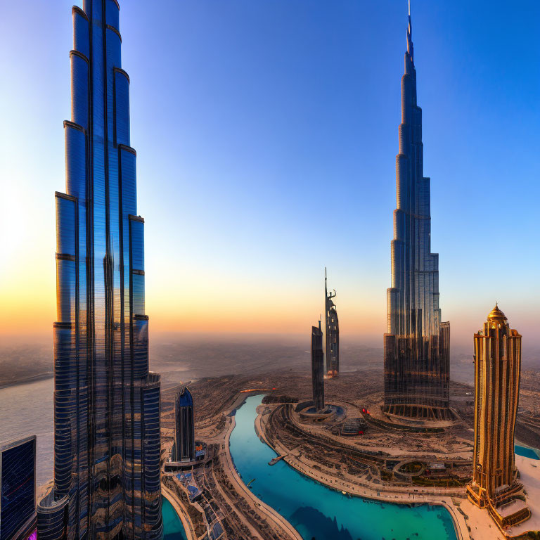 City skyline at dawn with skyscraper and lake in panoramic view