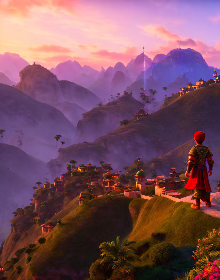 Vibrant sunset landscape with figure in red and terraced villages