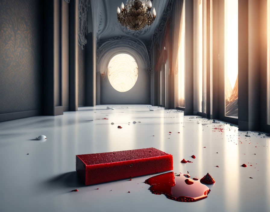 Elegant room with spilled red liquid, fallen cake, glossy white floor, sunlight, classical decor