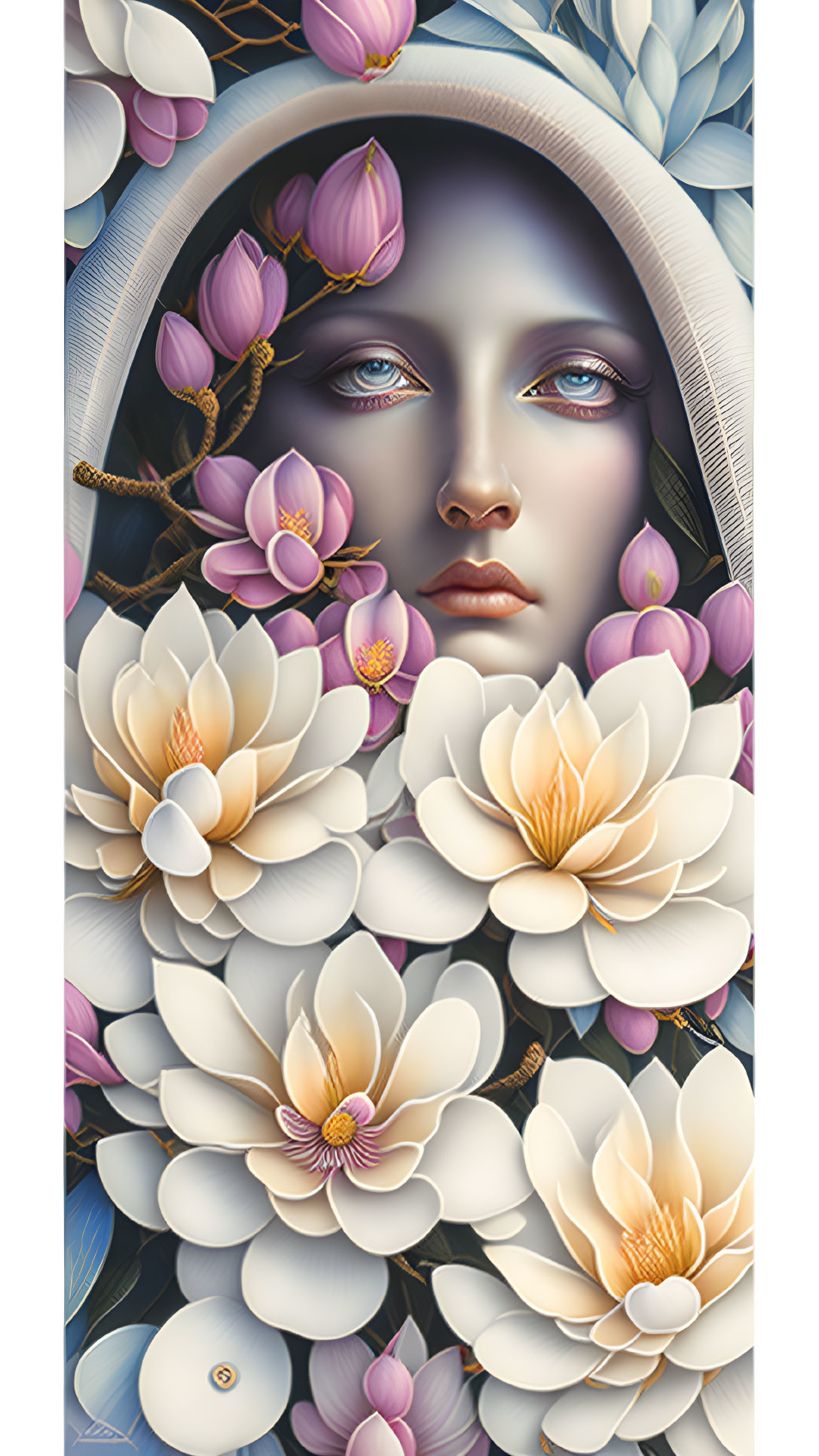 Surreal portrait of woman's face with magnolia flowers