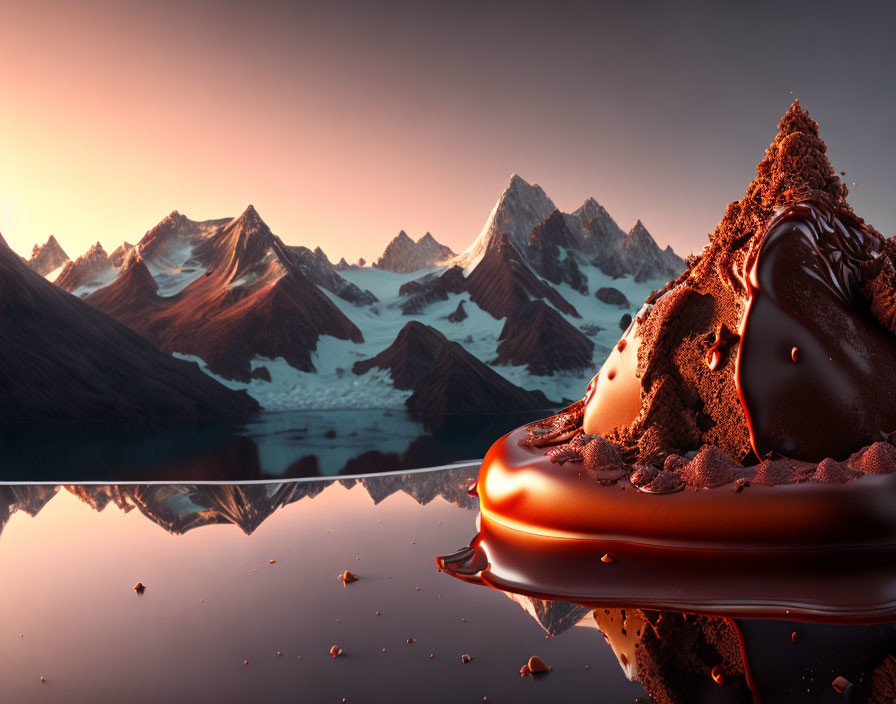 Snow-capped mountains reflected in lake at sunrise with melting chocolate desert