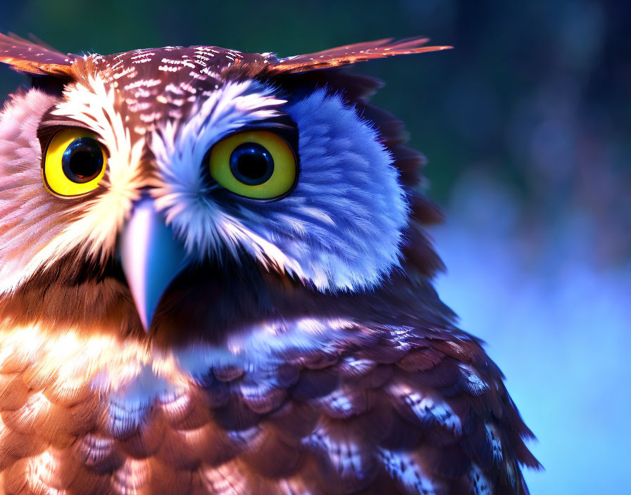 Stylized animated owl with expressive yellow eyes and detailed feathers on blue background