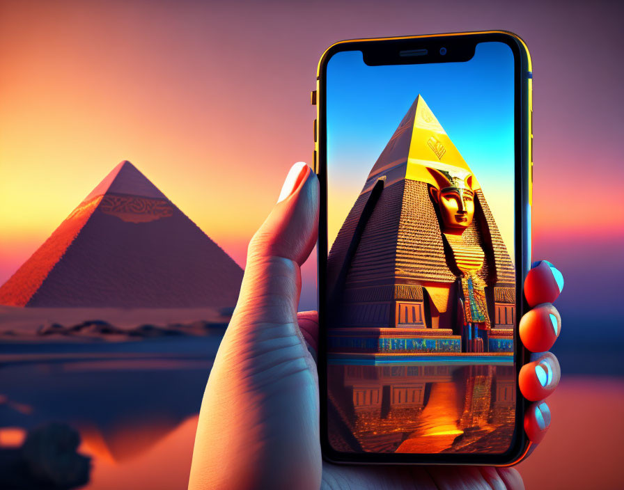 Hand holding smartphone displaying pyramid and sphinx at sunset blend.