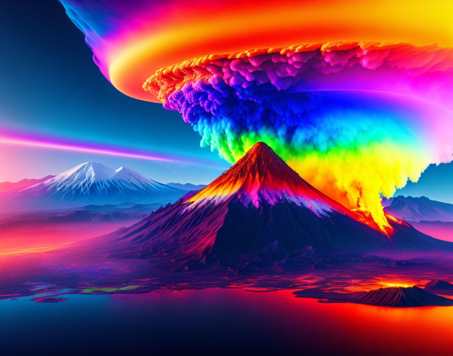 Digital artwork of volcanic eruption with colorful cloud formation