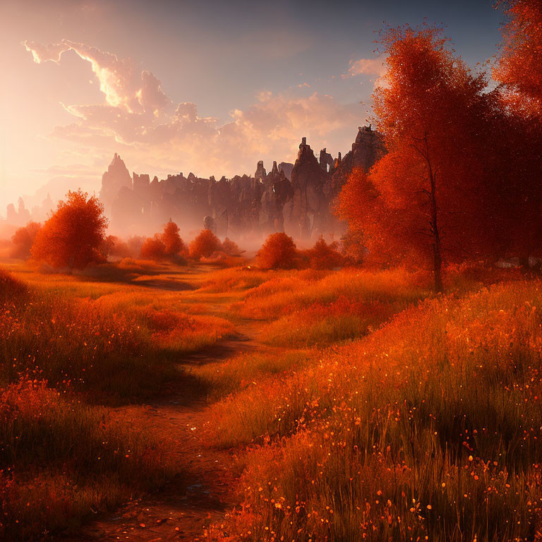 Golden meadow and red trees in serene autumn scene