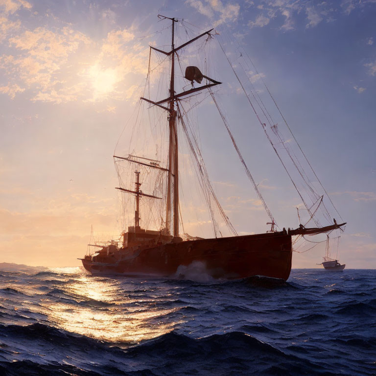 Sailing tall ship at sunset with masts and wavy seas