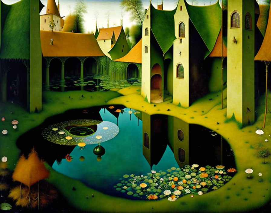 Colorful surreal landscape with inverted reflections of buildings, trees, and pond.