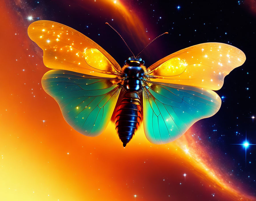 Colorful butterfly with glowing wings in cosmic setting.