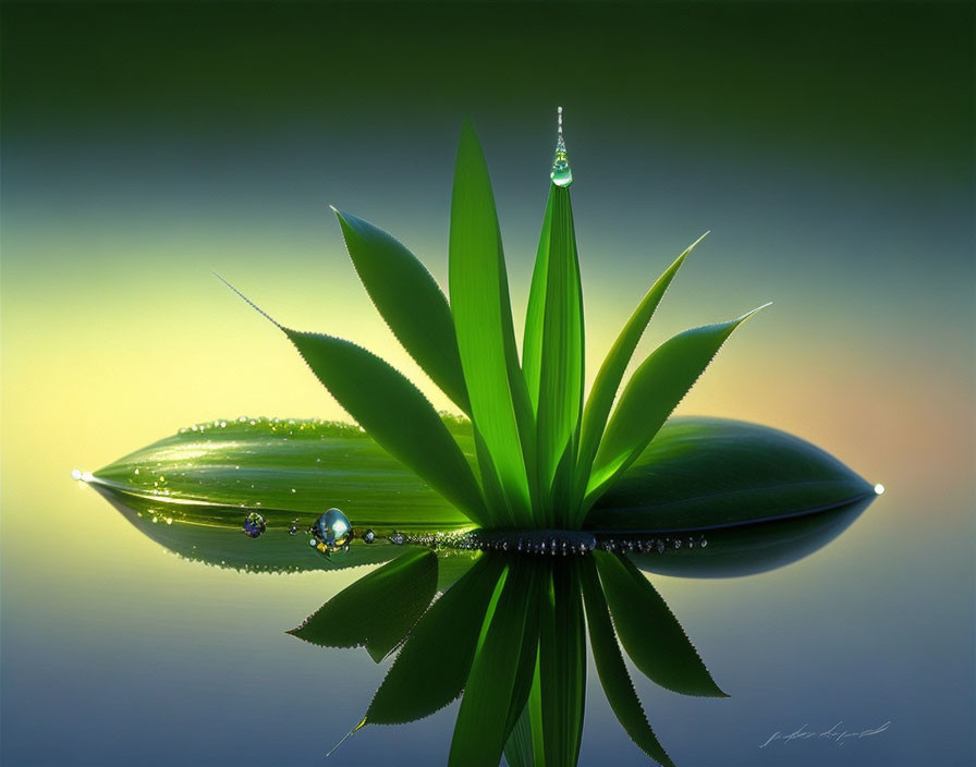 Tranquil dew drops on green leaf against gradient backdrop