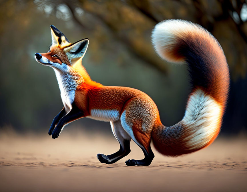 Red Fox Mid-Stride in Forest Setting