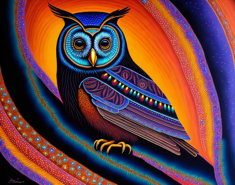 Colorful Psychedelic Owl Illustration with Detailed Patterns