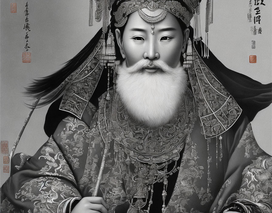 Detailed black and white illustration of regal historical figure in traditional attire with beard and mustache.