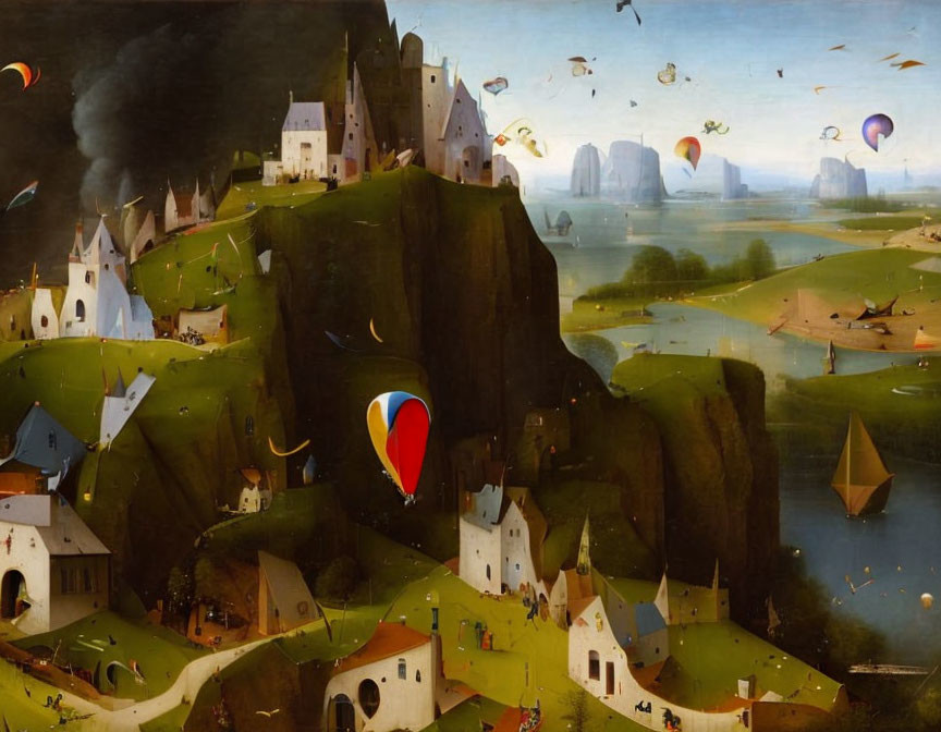 Surreal landscape with floating hot air balloons and whimsical structures