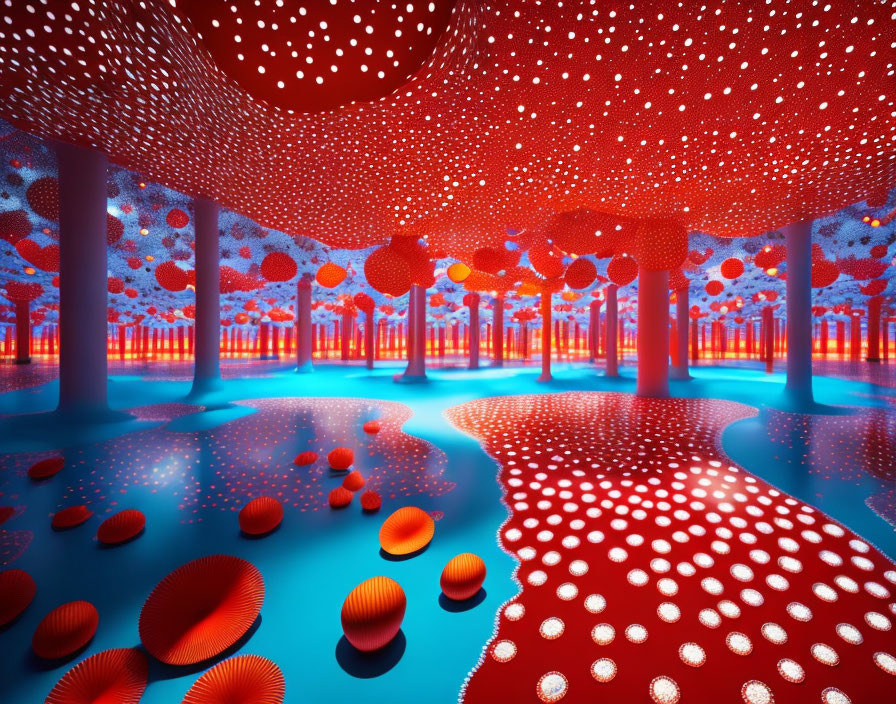 Colorful psychedelic space with red spotted mushrooms on floor and ceiling against blue background