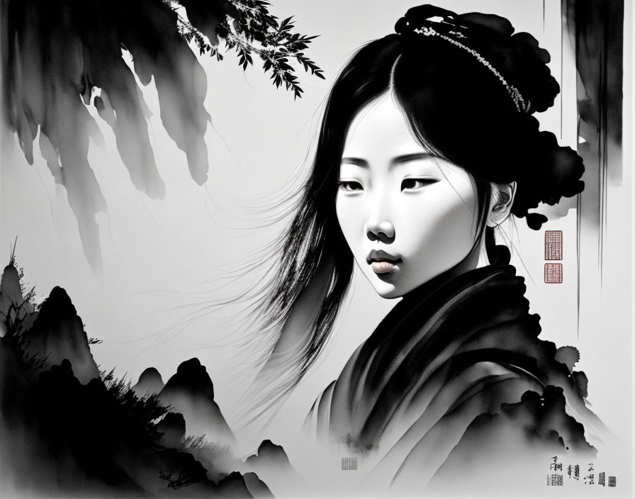 Monochrome artwork of woman in traditional attire with flowing hair against mountainous backdrop