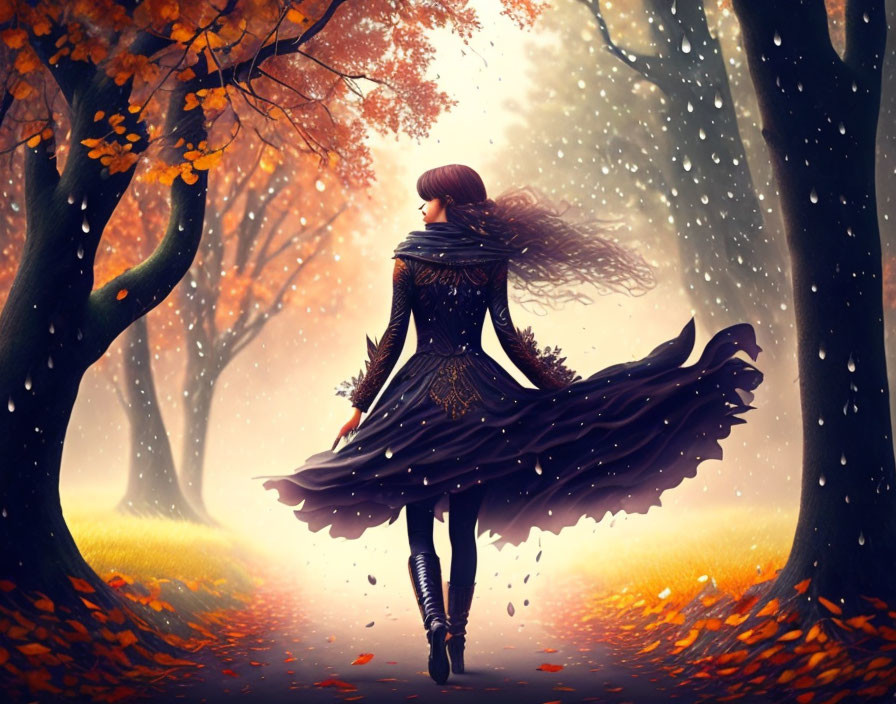 Woman in black dress walks in autumn forest with swirling leaves