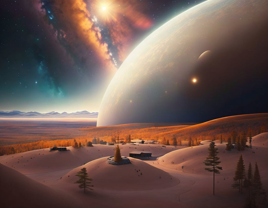 Large exoplanet over surreal desert landscape with settlement