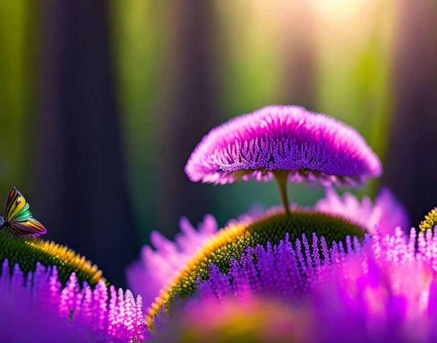 Purple Mushroom with Butterfly on Mossy Hill in Soft Sunlight