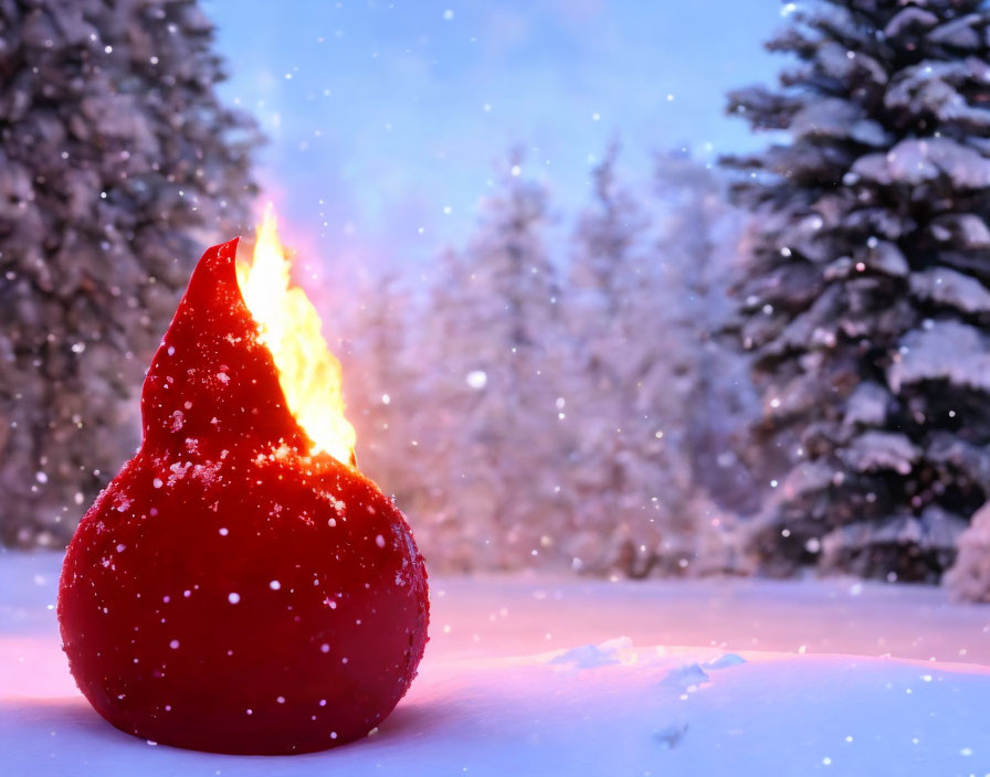 Red Flame Object with Fire in Snowy Landscape and Pine Trees