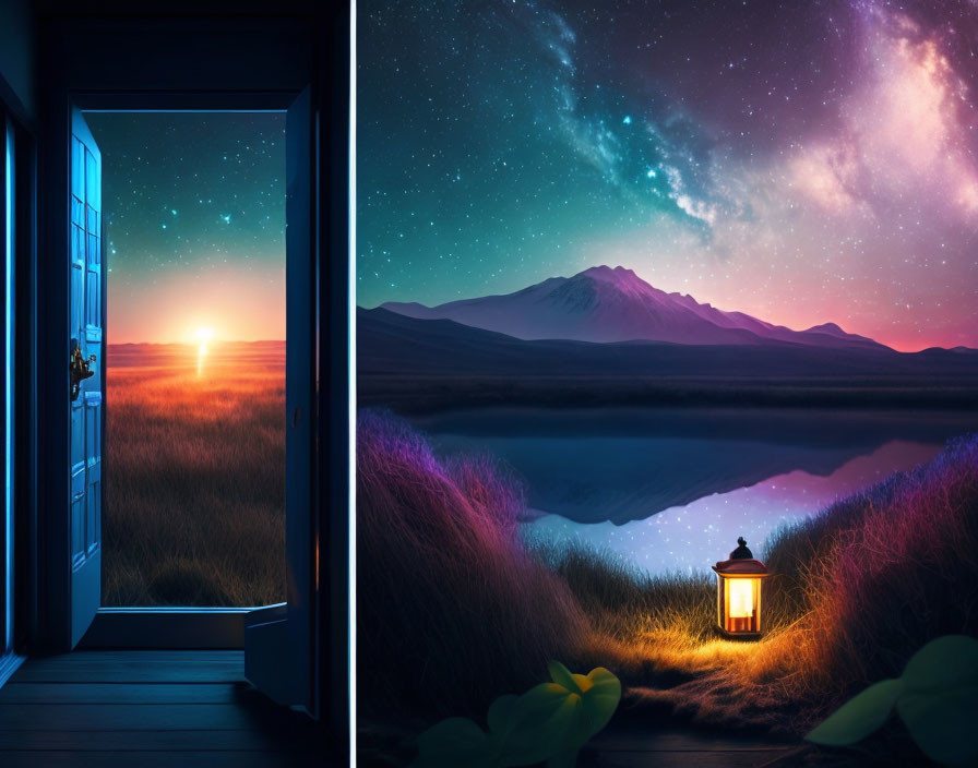 Digital Artwork: Split Scenes of Sunrise Field and Nighttime Mountain