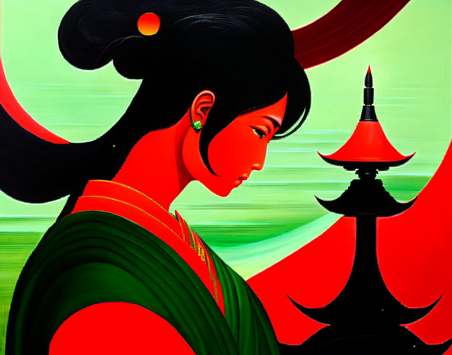 Stylized woman in green attire with Asian hairstyle near red pagoda