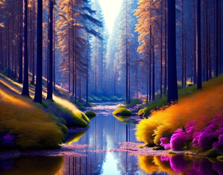 Colorful Forest Scene: Tall Trees, Serene River, Purple & Yellow Foliage